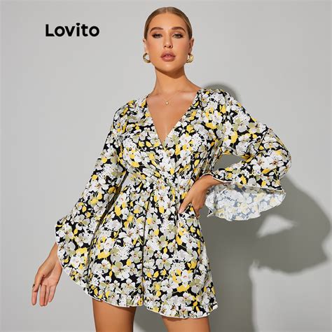 Lovito Day Night Glamor Macaquinho Feminino Elegante Floral Manga