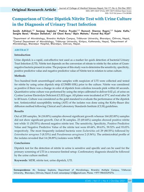 Pdf Comparison Of Urine Dipstick Nitrite Test With Urine Culture In