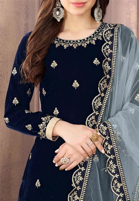 Buy Embroidered Velvet Punjabi Suit In Navy Blue Online KCH4621