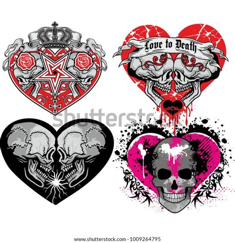 Set Valentines Skull Heart Grunge Vintage Stock Vector Royalty Free