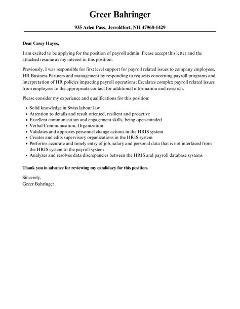 Payroll Admin Cover Letter Velvet Jobs