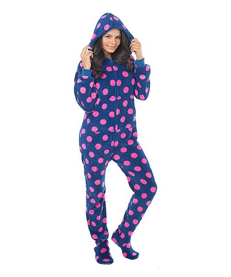 Loving This Navy And Pink Polka Dot Hood Footie Pajamas Women On