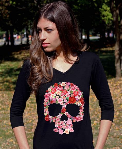 Womens 3 4 Sleeve Black Floral Skull Shirt Ladies Tee Shirts