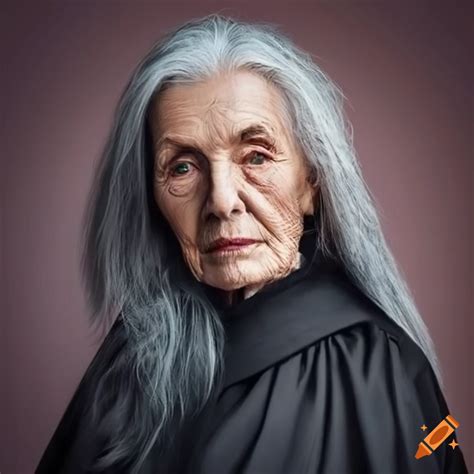 Portrait Of A Year Old Woman With Long Gray Hair In A Black Robe On