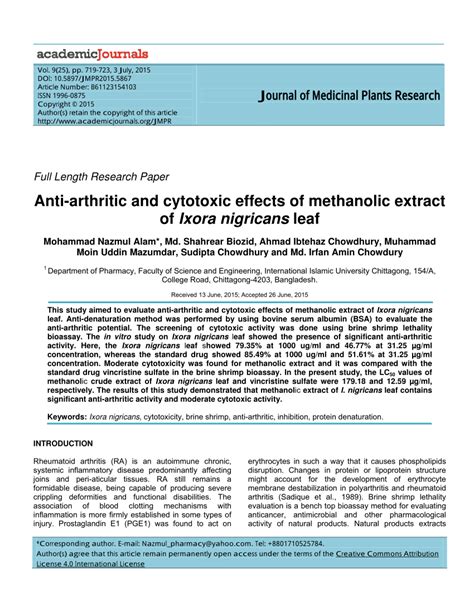 PDF Journal Of Medicinal Plants Research Anti Arthritic And Cytotoxic