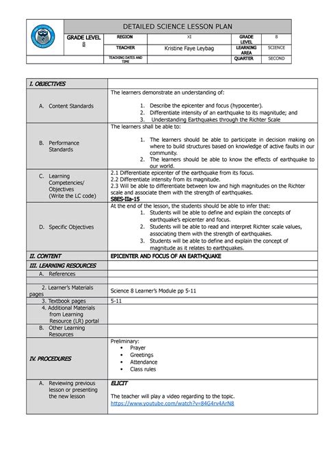 Lp Sci Lesson Plan Grade 8 Focus And Epicenter Grade Level 8 Region Xi Grade Level 8