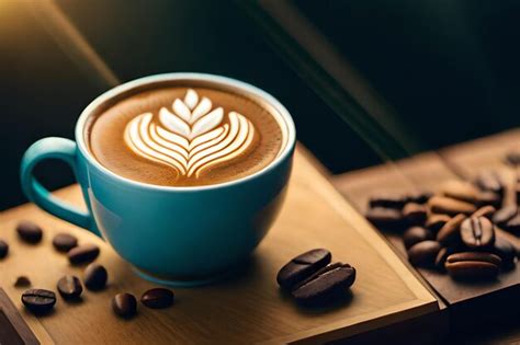 A Blue Cup Of Coffee With A Latte Art On The Top Premium AI