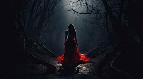 Premium Ai Image A Woman In Red Dress Walking On A Dark Path In A