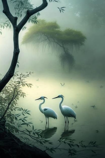 Premium Ai Image Two White Birds Are Standing On A Rock In A Foggy