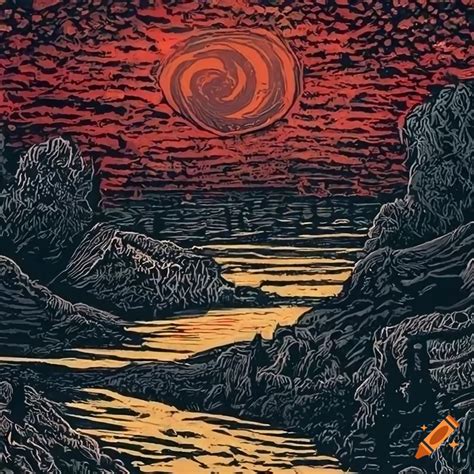 Linocut Illustration Of A Surreal Landscape At Sunrise