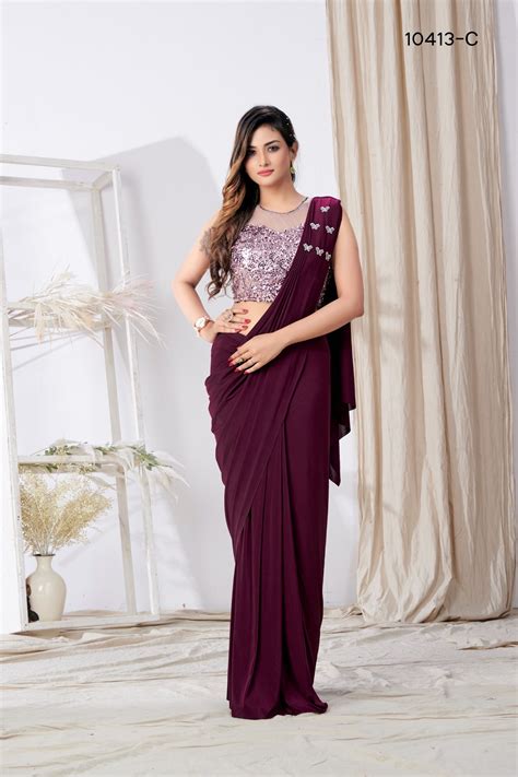 Wine Sequins Work Lycra Readymade Saree 10413c