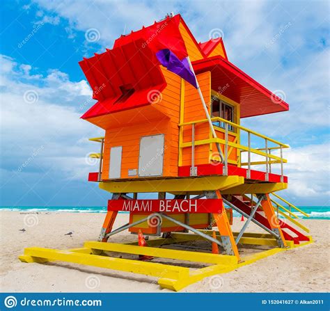 Orange Red And Yellow Lifeguard Tower In Miami Beach Stock Image