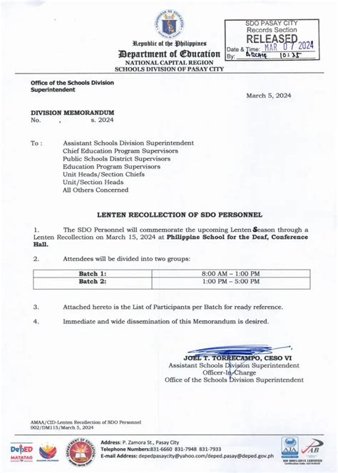 Division Memorandum No S Lenten Recollection Of