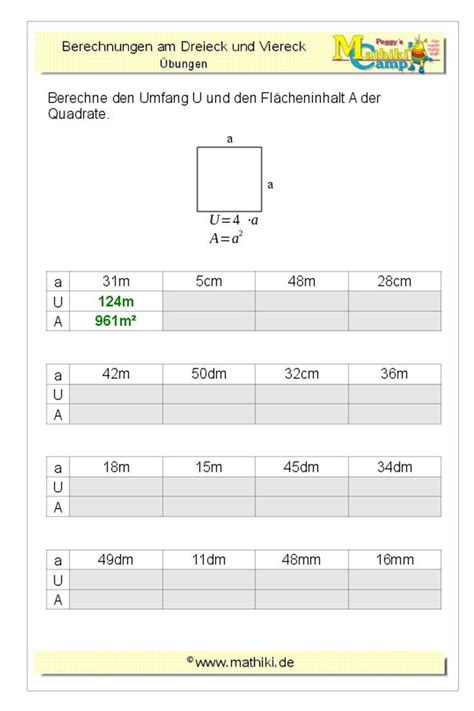 Quadrat Flächeninhalt Umfang Klasse 7 8 mathiki de