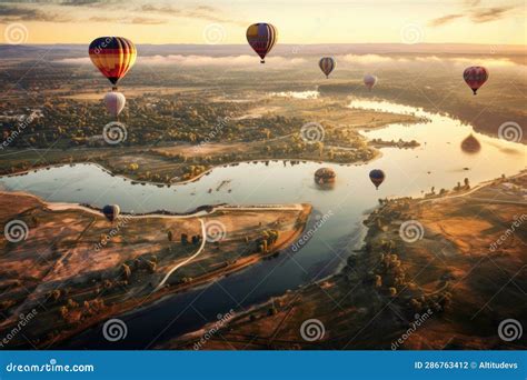 Aerial View Of Hot Air Balloons Floating Over Landscape Stock Illustration Illustration Of
