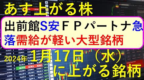 あす上がる株 2024年1月17日（水）に上がる銘柄 ～最新の日本株での株式投資のお話です。出前館がストップ安、fpパートナーが急落、需給が