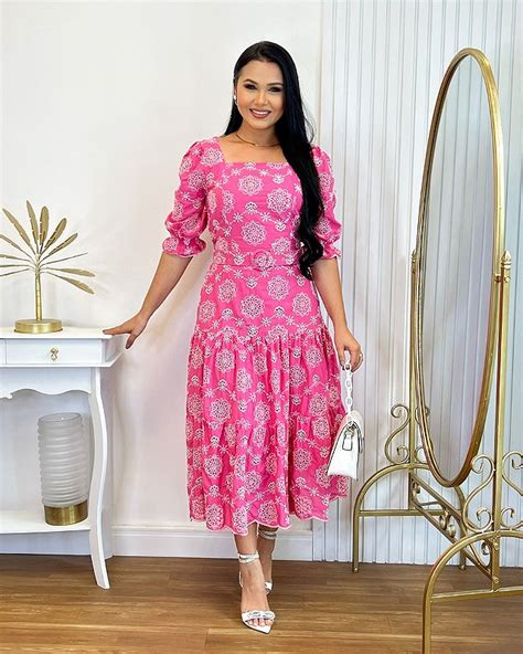 Vestido Midi Rosa Em Lese De Algodão Manga Princesa 9090 Santo Luk