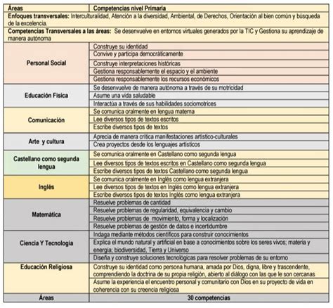 Cuadro Resumen De Competaencias Por Reas Nivel Primaria Seg N