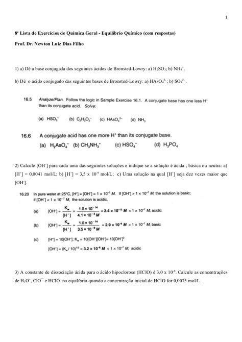 8 ª Lista De Exercícios De Química Geral Equilíbrio Químico Com Re…