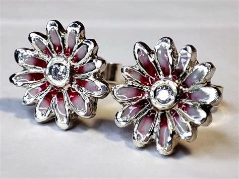 Daisy Stud Earrings With Cubic Zirconia And Pink Enamel