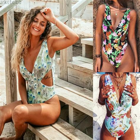 FREE SHIPPING Newest Hot Summer Sexy Backless One Piece Deep V Neck Swimsuit Floral Peacock