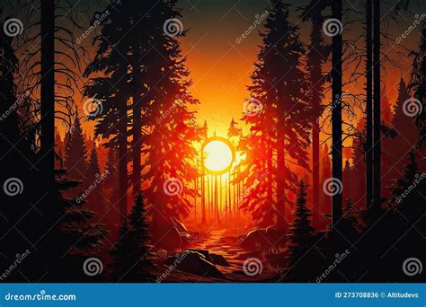 Sunrise In Forest With The Sun Peeking Over The Horizon Stock