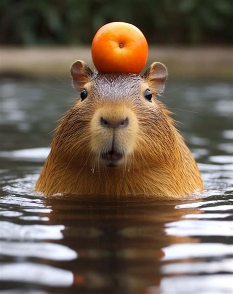 Premium Ai Image A Capybara With A Piece Of Fruit On Its Head Is