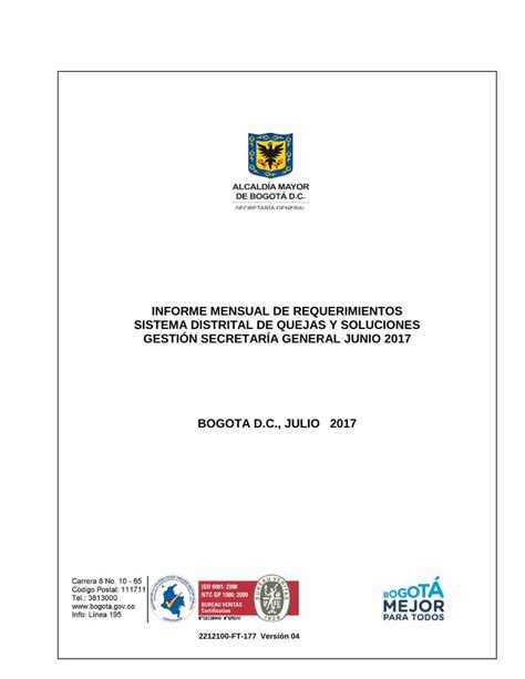 PDF INFORME MENSUAL DE REQUERIMIENTOS SISTEMA DISTRITAL Sistema