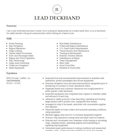 Lead Deckhand Resume Example