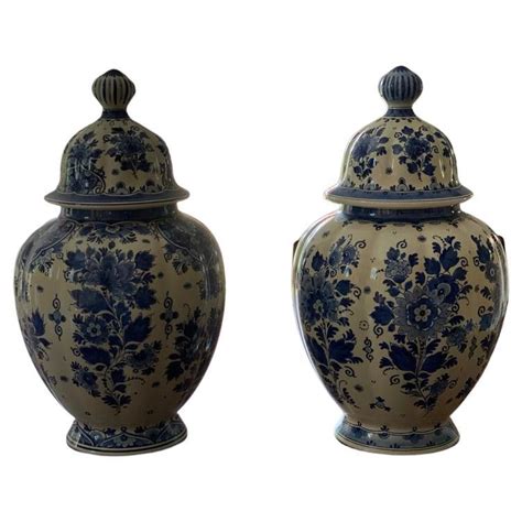 Large Antique Dutch Delft Lidded Ginger Jars Vases Set Of 2 At 1stdibs