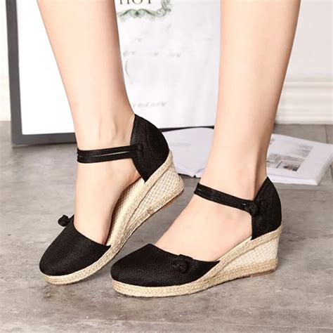 Women Sandals Ladies Retro Linen Canvas Wedge Round Toe Casual Singles Wedges Shoes For Women