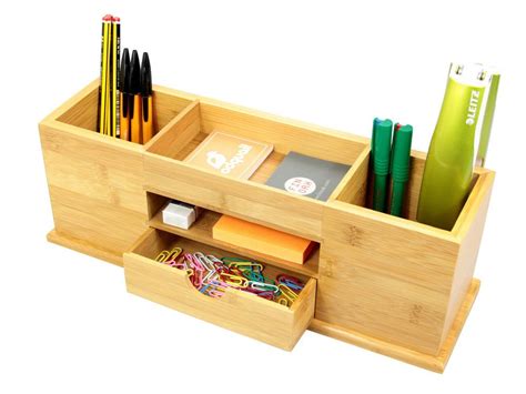 Desk Tidy With Drawer Wide Stationery Organiser Natural Bamboo Wood