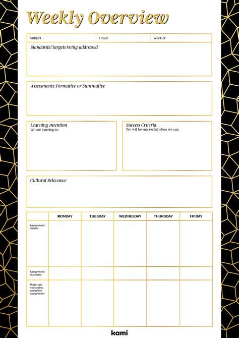 Weekly Overview Lesson Plan Black And Gold For Teachers Perfect For