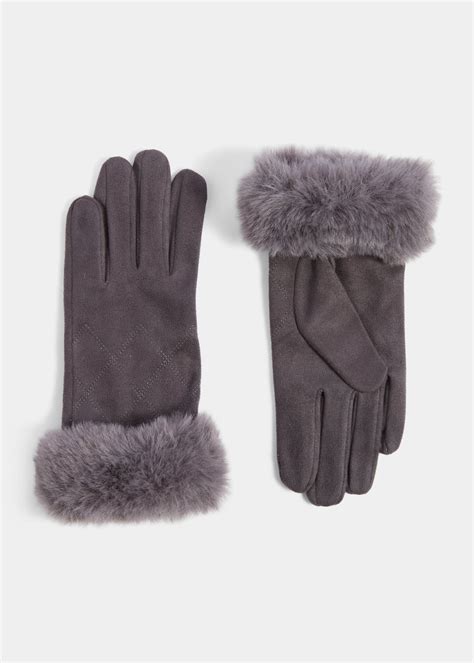 Grey Faux Fur Gloves Matalan