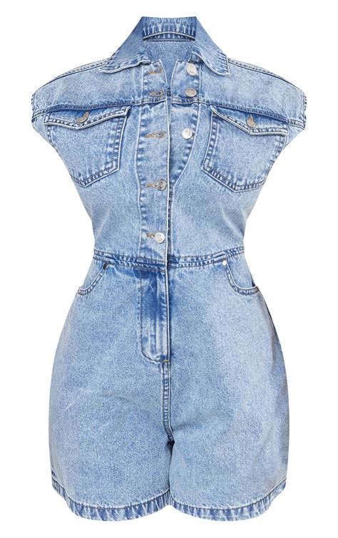 Shape Light Blue Sleeveless Rigid Denim Romper Shape