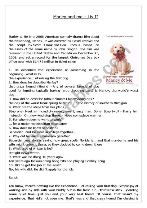 Advanced Listening Movie Marley And Me Esl Worksheet By Juancesampa