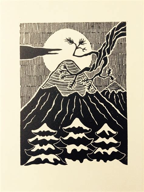 Handmade Original Linoleum Block Print Mountain Landscape Etsy