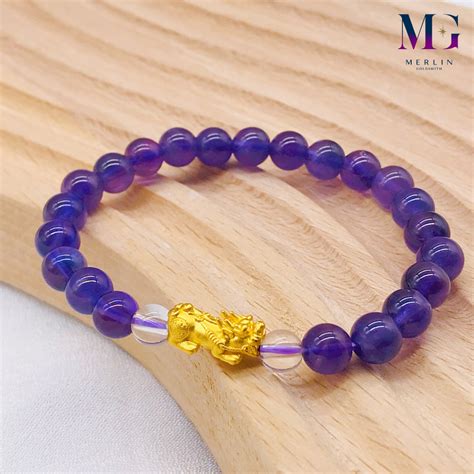 999 24k Pure Gold Lucky Pixiu Paired With Purple Crystal Beads