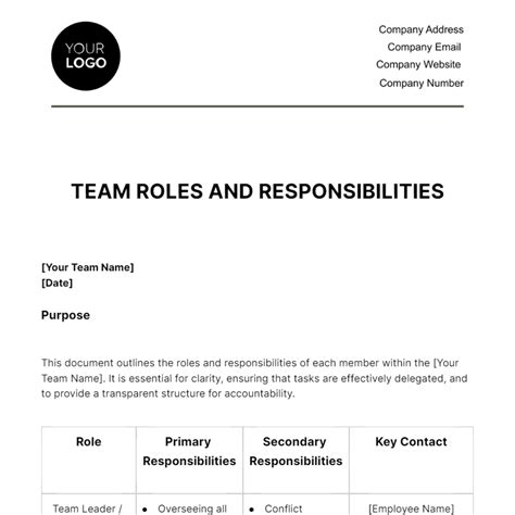 Free Team Roles And Responsibilities Overview HR Template Edit Online