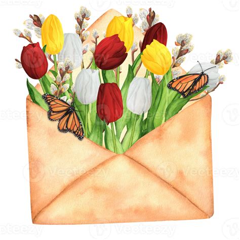 Hand Drawn Watercolor Illustration Vintage Envelope With White Yellow And Red Tulips And Pussy
