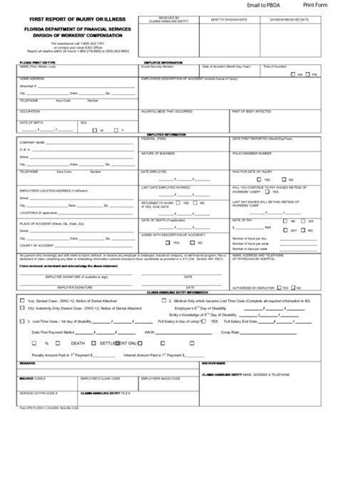 Form Dfs F2 Dwc 1 First Report Of Injury Or Illness Form Florida