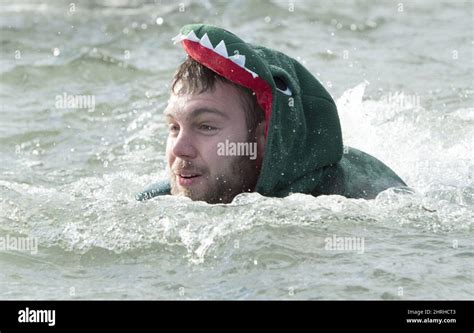 One Of Hundreds Of Intrepid Bathers Takes Part In The Courage Polar