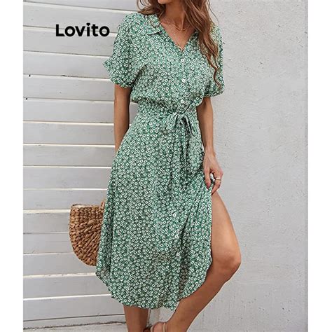 Lovito Women Boho Ditsy Floral Lace Up Belted Button Front Dress