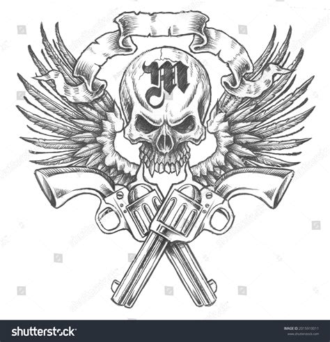 Skull Tattoo Design Guns Wings Stock Illustration 2015910011 | Shutterstock