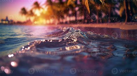 Ai Generated Beach With Waves And Coconut Trees At Sunset Generative