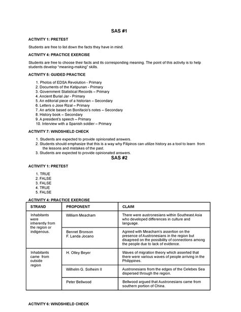 PG1 SAS Answer KEY SAS ACTIVITY 1 PRETEST Students Are Free To List