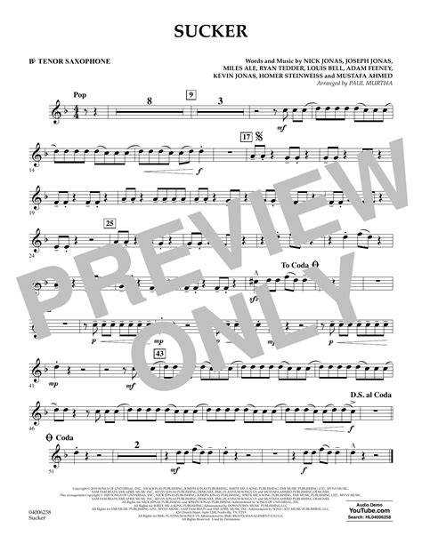 Sucker Arr Paul Murtha Bb Tenor Saxophone By Jonas Brothers Sheet Music For Concert Band At