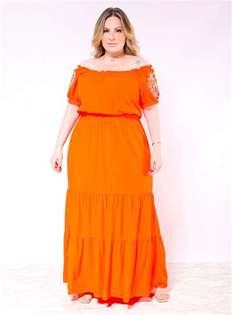 Vestido Longo Plus Size Com Bordado Em Viscose Best Size E Commerce