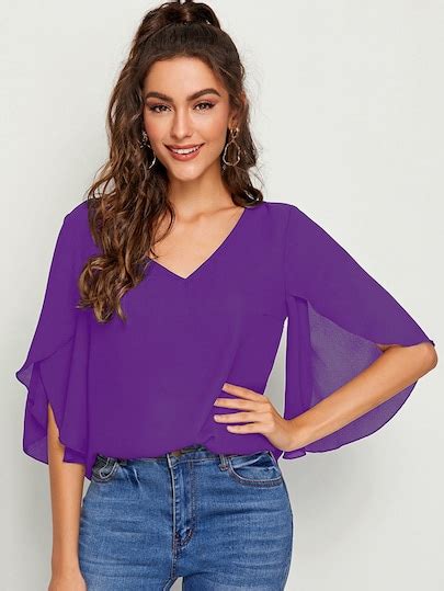 Solid Split Sleeve Top Blouses For Women Split Sleeve Top Black