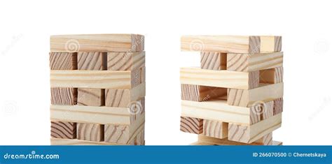 Jenga Towers Of Wooden Blocks On White Background Stock Photo Image